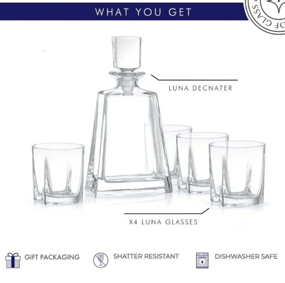 JoyJolt Glassware Luna Whiskey Crystal Decanter And Glass Set of‎ 6